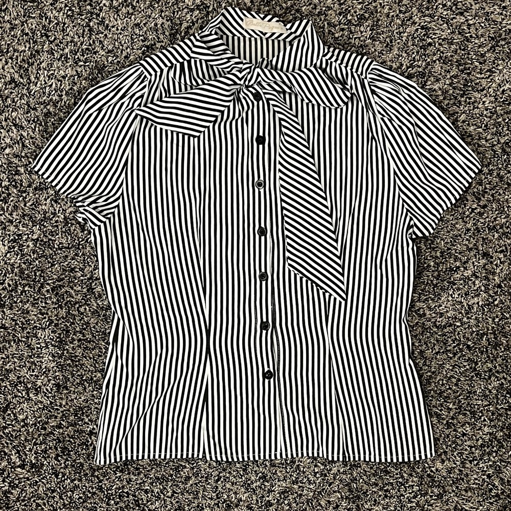 Belle Poque Short Sleeve Button Down Blouse Stripe Shirt Tops with Bow Tie